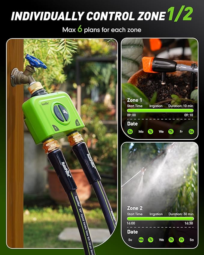 RAINPOINT WiFi Water Timer for Garden Hose, 2 Zone WiFi Sprinkler Controller, Smart Hose Timer Valve, Automatic Drip Irrigation System/Rain Delay for Garden/Yard (Brass Inlet & Outlet, No Gateway)