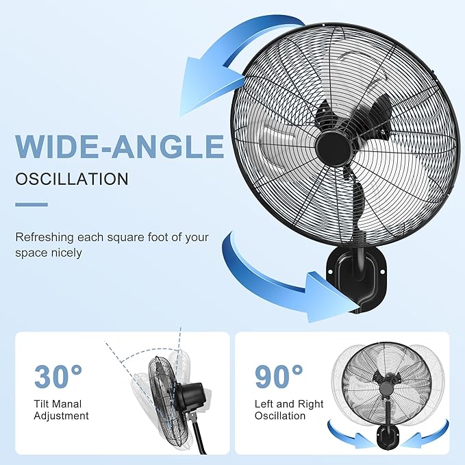 MEPTY 20" Wall Mount Fan, Heavy Duty Industrial Wall Fan, High Velocity Oscillating Fans with 3 Speeds for Patio, Shop, Greenhouse, Garage, Commercial, Household use