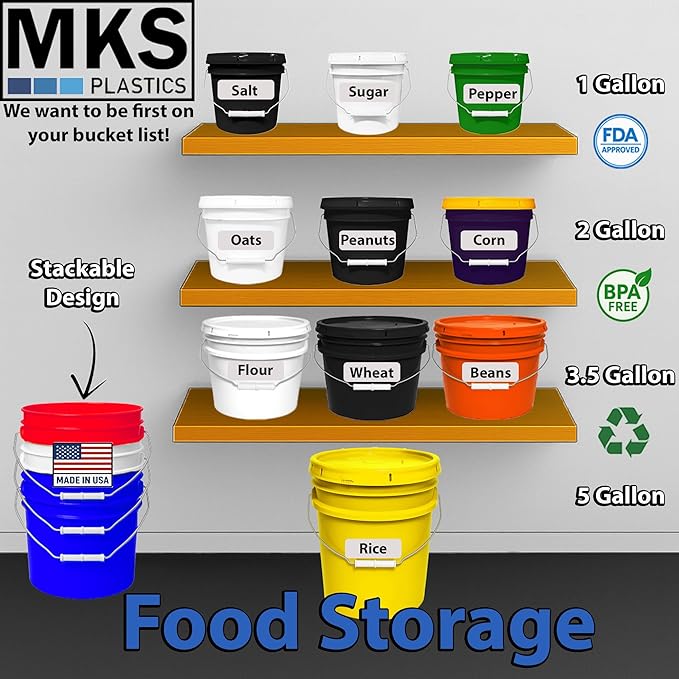 MKS Plastics 5-Gallon Bucket with Airtight Lid – Made in USA, Food Grade BPA Free Plastic, Heavy Duty Multi-Use, Metal Handle with Grip, Stackable Storage – Yellow, 3 Pack