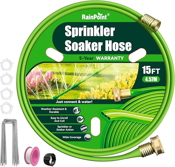 RAINPOINT Sprinkler Hose with Holes 15FT, Flat Soaker Hose with Stakes, Lightweight Water Irrigation Sprinklers System for Garden, Lawn and Yard
