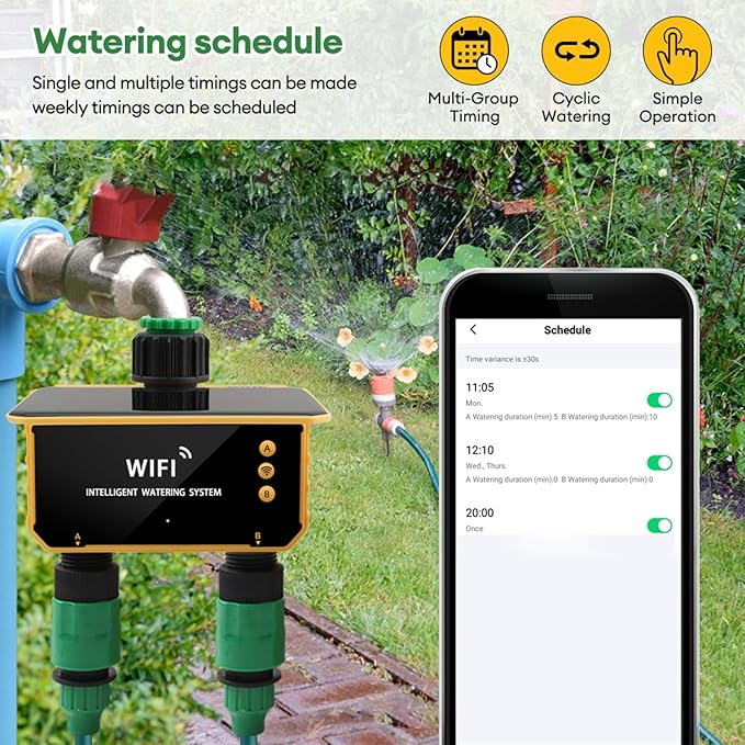 WiFi Hose Timer 2 Zone, Smart Solar Sprinkler Timer Automatic Irrigation Controller with Rain Sensing, Garden Hose Watering System for Lawns Yard