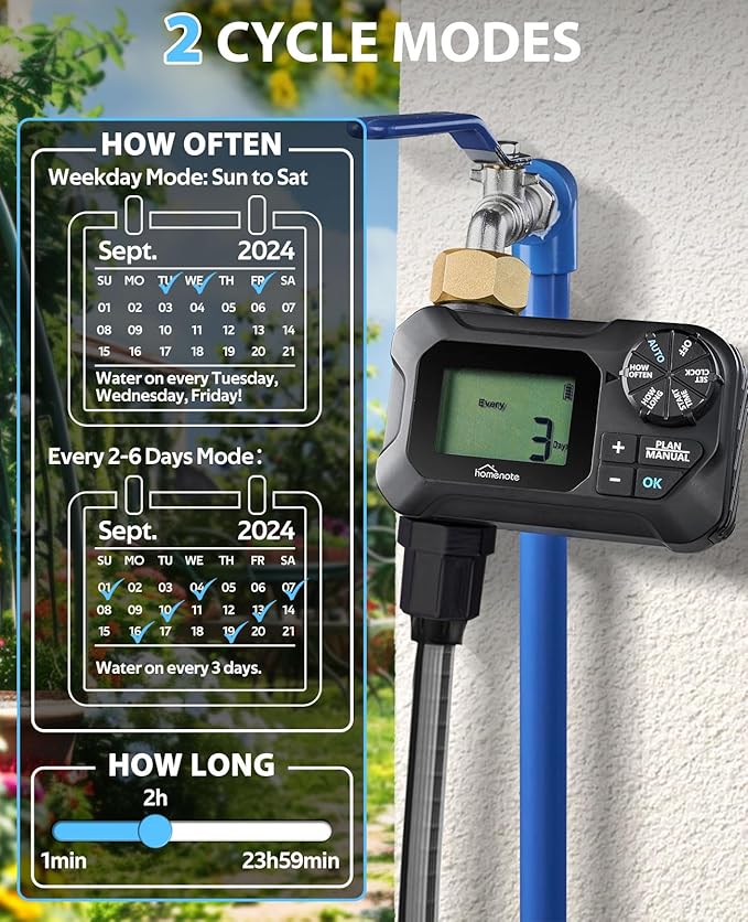 HOMENOTE Water Timer for Garden Hose, Programmable Sprinkler Timer with Rain Delay, Auto & Manual Watering for Misting System, Drip Irrigation, Lawn Sprinkler, Soaker Hose, 1 Outlet