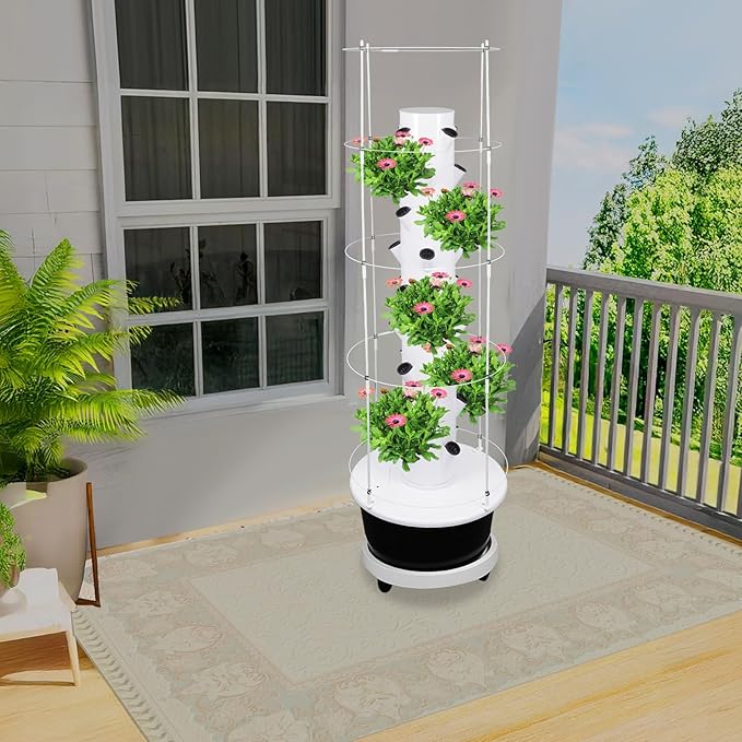 Hydroponic Growing Tower with Climbing Trellis, 30L Water Tank & Automatic Timer, Indoor Outdoor Vertical Garden System for Vegetables Herbs Strawberries (Black - 36 Holes)