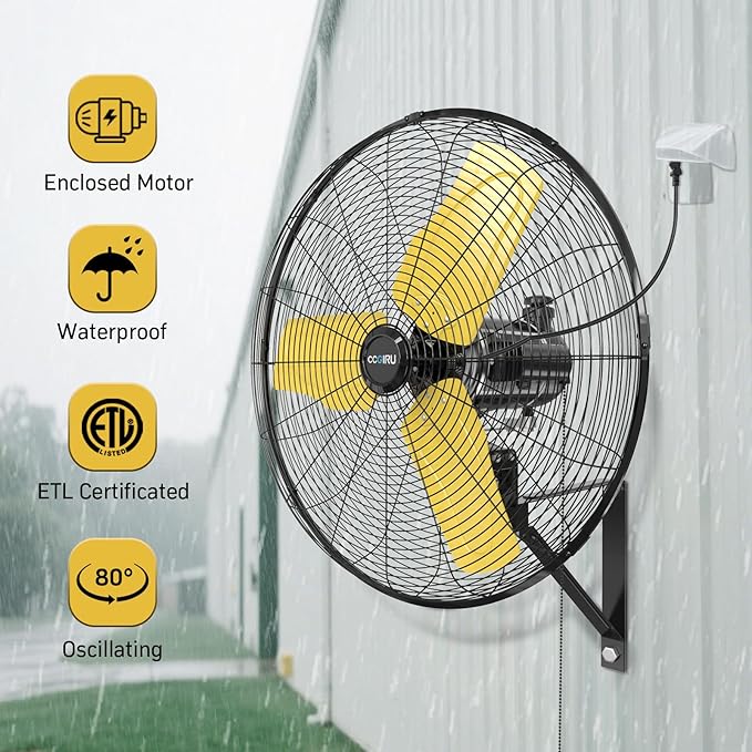 CCGIRU 8800 CFM 26" Outdoor Commercial Wall Fan Oscillating, IP44 Waterproof Wall Mount Fan, Heavy Duty, 3 Speed, Adjustable Tilt for Factory, Warehouse, Garage, ETL Listed