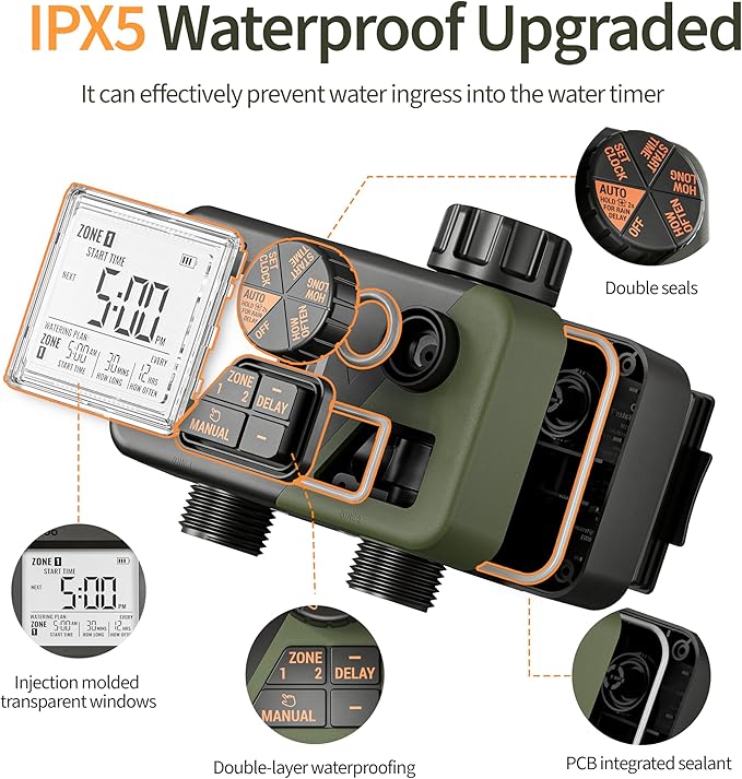 Diivoo Sprinkler Timer 2 Zone, Programmable Water Hose Timer 2 Outlet for Garden, Outdoor Automatic Irrigation System IPX5 Waterproof with Rain Delay/Manual for Lawn, Yard, Pool