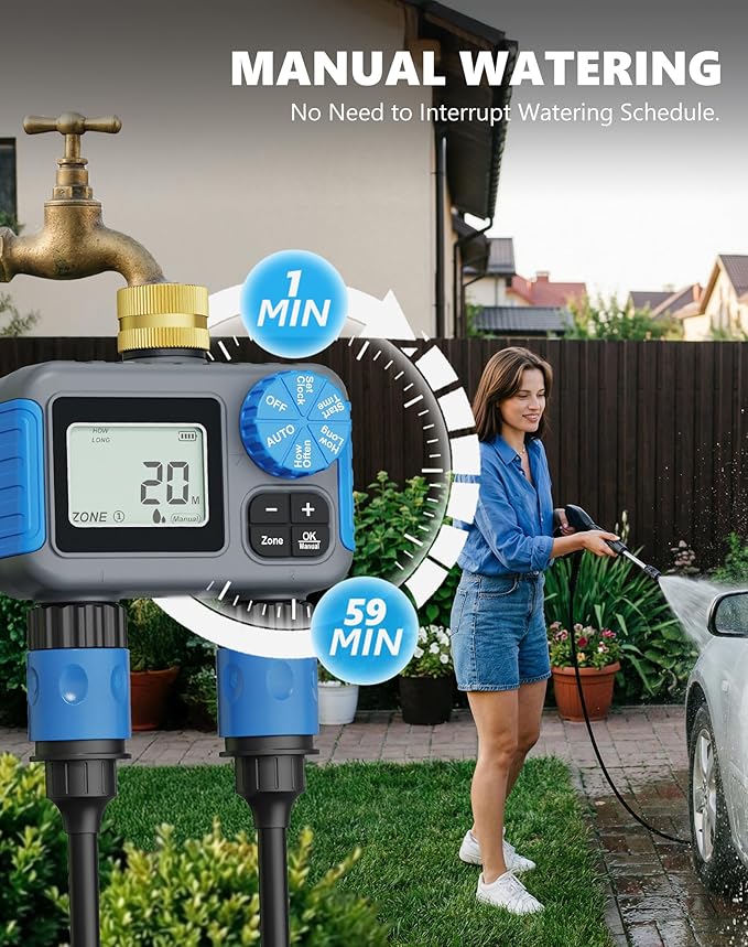 Sprinkler Timer with Brass Swivel, 2 Zone Hose Timers for Watering, Digital Irrigation Timer with Rain Delay & Manual Mode, Automatic Watering System for Outdoor Garden Lawn Yard