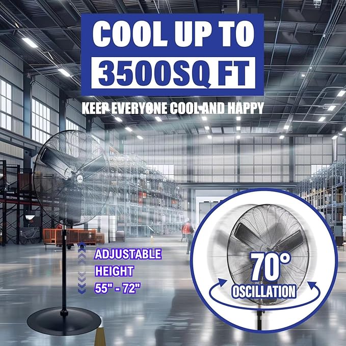 iLiving 30" Commercial Pedestal Oscillating Fan - Shop, Garage, Warehouse - 120V 1.8A 8400 CFM