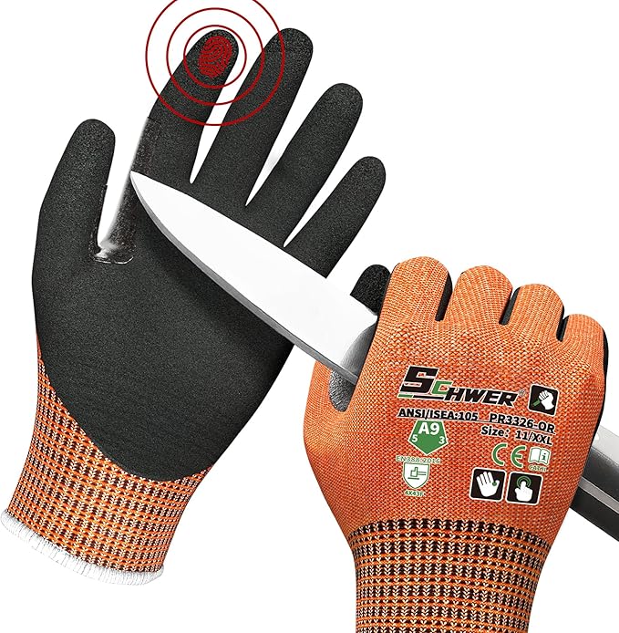 Schwer ProGuard High Level Cut Resistant Work Gloves PR3326 for Extreme Protection，ANSI A9 Cut Gloves with Reinforced Thumb, Non Slip, Durable, Touch-screen, Orange 1 Pair(XXL)