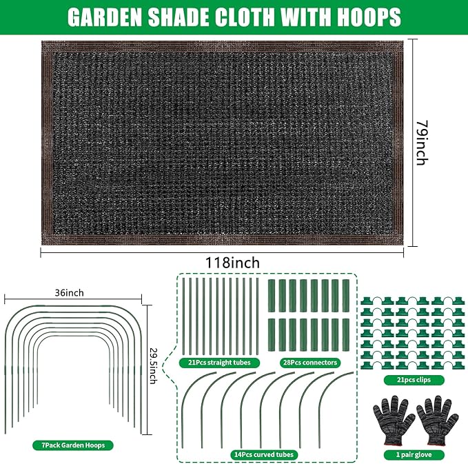 118"x79" Garden Shade Kit, 70% Garden Sun Shade Cloth with Hoops for Plants Heat Protection, Raised Garden Bed Shade Cover Plant Sun Shade for Outdoor Plants Vegetables