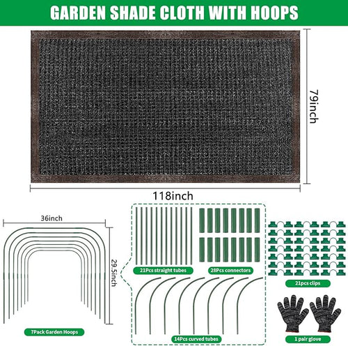 118"x79" Garden Shade Kit, 70% Garden Sun Shade Cloth with Hoops for Plants Heat Protection, Raised Garden Bed Shade Cover Plant Sun Shade for Outdoor Plants Vegetables