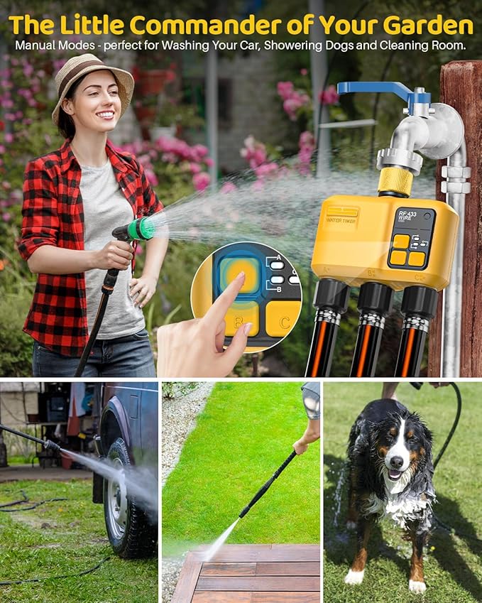 WiFi Water Timer 3 Zone for Garden Hose, Smart Sprinkler Timer with 984ft RF Range, Brass Inlet, APP/Voice Control, Rain Delay, Automatic/Manual Irrigation