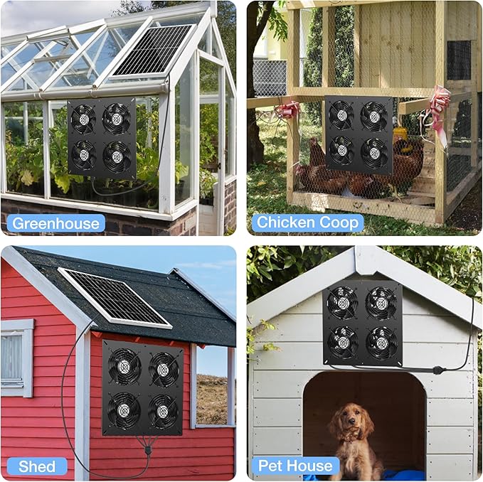 Fanspex Solar 4 Fan Kit, Waterproofed Solar Powered Fans for Outdoor Chicken Coop, Greenhouse & Shed Intake or Exhaust Air
