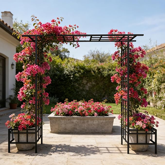 Adjustable Metal Garden Arch with Planters, Heavy Duty Galvanized Steel Arbor for Climbing Plants, Outdoor Pergola Trellis for Rose, Vine, Ivy, Wedding Arch Decoration