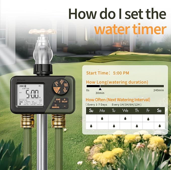 Diivoo Sprinkler Timer 2 Zone, Programmable Water Hose Timer 2 Outlet for Garden, Outdoor Automatic Irrigation System IPX5 Waterproof with Rain Delay/Manual for Lawn, Yard, Pool