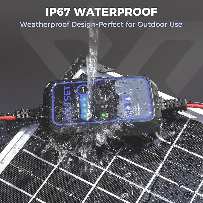 Voltset MPPT Solar Charge Controller : IP65 Waterproof - Display for Gel AGM Lead-Acid Lithium LiFePO4 Battery - Used in RV Marine Camper Van Truck Trailer (Mppt Solar Charge Controller use Below 50W)