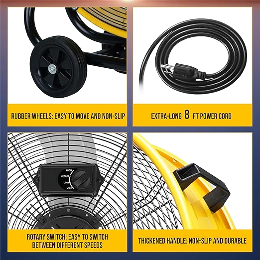 Tornado 24" High Velocity Drum Fan - Heavy Duty Metal Fan for Commercial & Industrial Use, 7700 CFM, 3 Speeds, 1/3 HP, 8 FT Cord, ETL Safety Listed