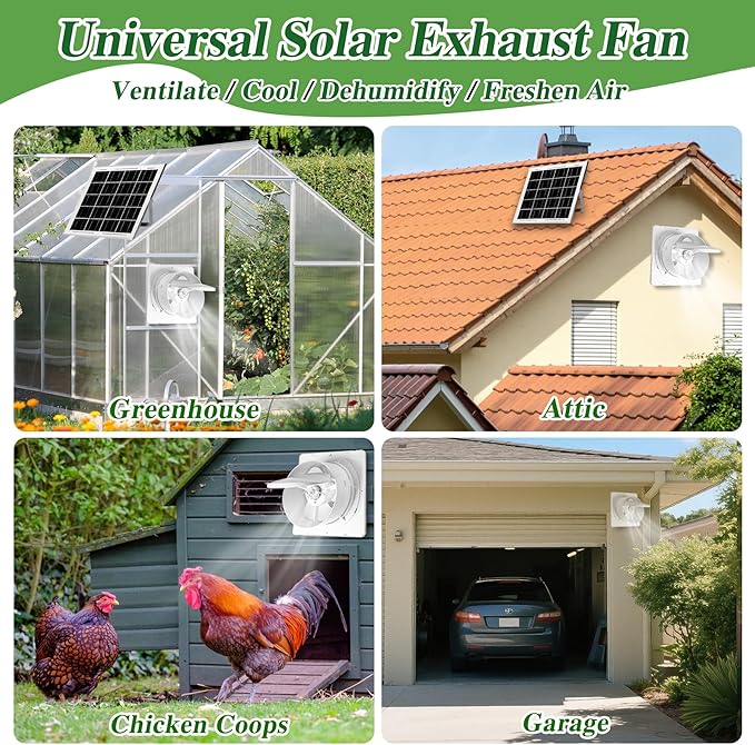 Solar Exhaust Fan, 25W Solar Panel + 8" Ventilation Vent Fan, with Power Adapter, Anti-backflow Valve, High Speed Solar Powered Exhaust Fan for Shed, Chicken Coop, Greenhouse, Dog House (White)