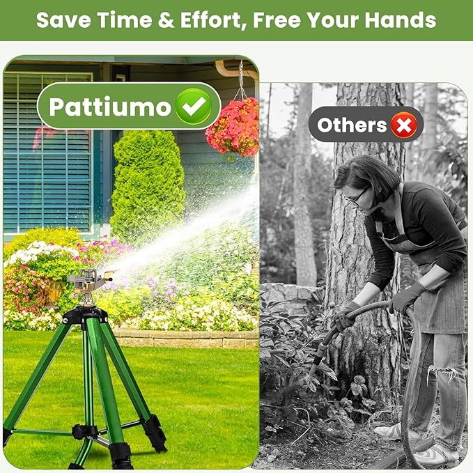Pattiumo Sprinklers for Yard, 360° Tripod Sprinklers for Yard Large Area, 3/4" Connector Lawn Sprinkler, Adjustable Height 16-37”, Water Sprinkler for Lawn/Garden/Patio, 1Pack
