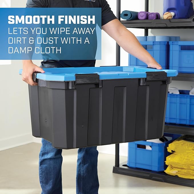 24 Gallon Waterproof Storage Bin with Latching Lid, Heavy Duty Plastic Tote for Garage, Basement, Attic, and Outdoor Storage – Dustproof, Stackable,Secure Locking Buckles,Black with Blue Lid, BPA-Free
