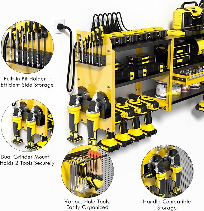 KSVO Large Power Tool Organizer Wall Mount with Locking Drawers, Grinder Holder, Hammer & Pliers Rack, & 6-Outlet Charging Shelf – Heavy Duty Metal Tool Storage for Garage & Workshop