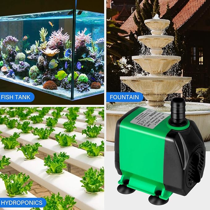 Simple Deluxe 10ft High Lift 800GPH 24W Submersible Pump (3000L/H) with 3 Size Nozzles for Fish Tank, Pond, Aquarium, Statuary, Hydroponics, Fountain, Green