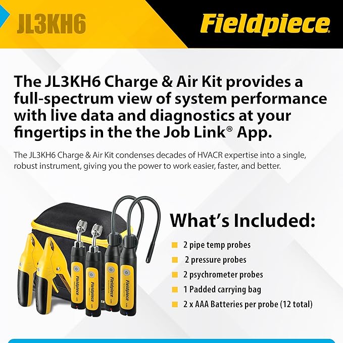 Fieldpiece - Job Link System HVACR Wireless Probe Kit - JL3KH6 - Fast Accurate Temps with Rapid Rail Technology - HVAC Tools with Padded Case