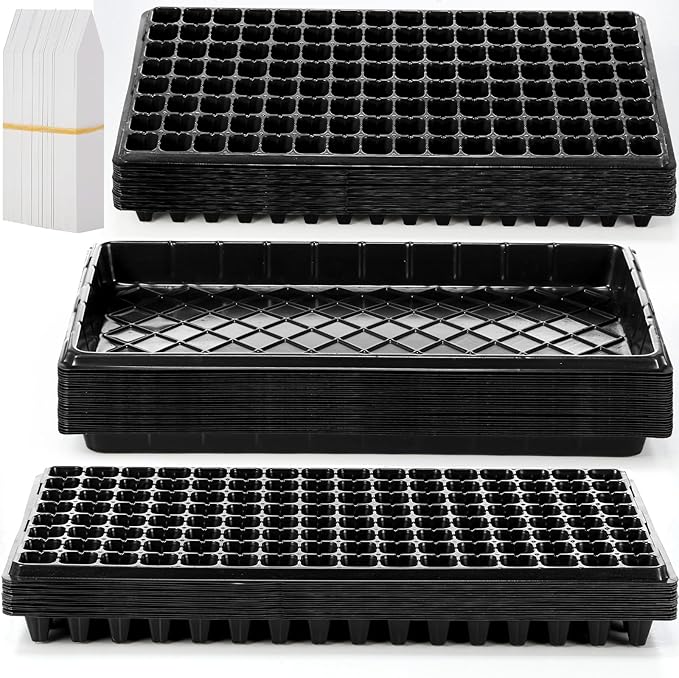 Yinder 20 Pcs Seed Starter Trays Tray Kits with Dome 128 Cells Plug Trays and 1020 Tray No Holes with 100 Pcs Tags Seed Starter Kit for Nursery Germination Plant Propagation Gardening Greenhouse