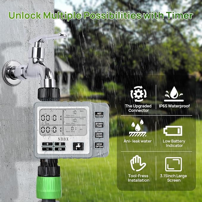 NBBX Sprinkler Timer for Garden Hose, Outdoor Watering System with Rain Delay, Manual & Automatic Mode