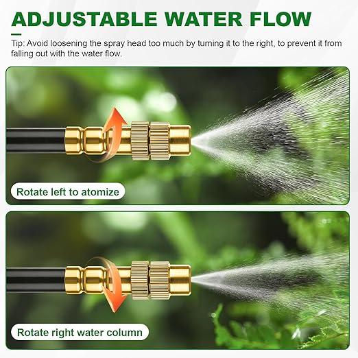 Drip Irrigation System, 50FT 1/4" Garden Watering for Outdoor Plants & Raised Beds, 15pcs Upgraded Brass Nozzles 360° Adjustable Misting Kit, UV-Resistant Tubing for Greenhouse, Lawn & Patio Cooling