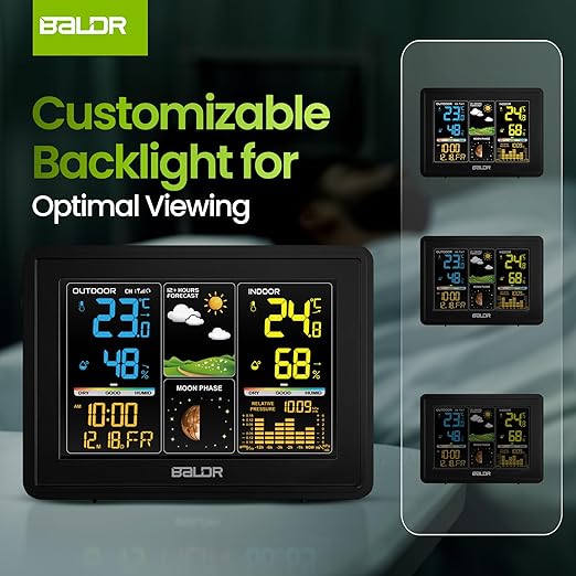 BALDR Wireless Digital Weather Station - Indoor Outdoor Thermometer Wireless Home Weather Station with Remote Sensor, Atomic Alarm Clock, Moon Phase & Barometric History Display, Weather Clock