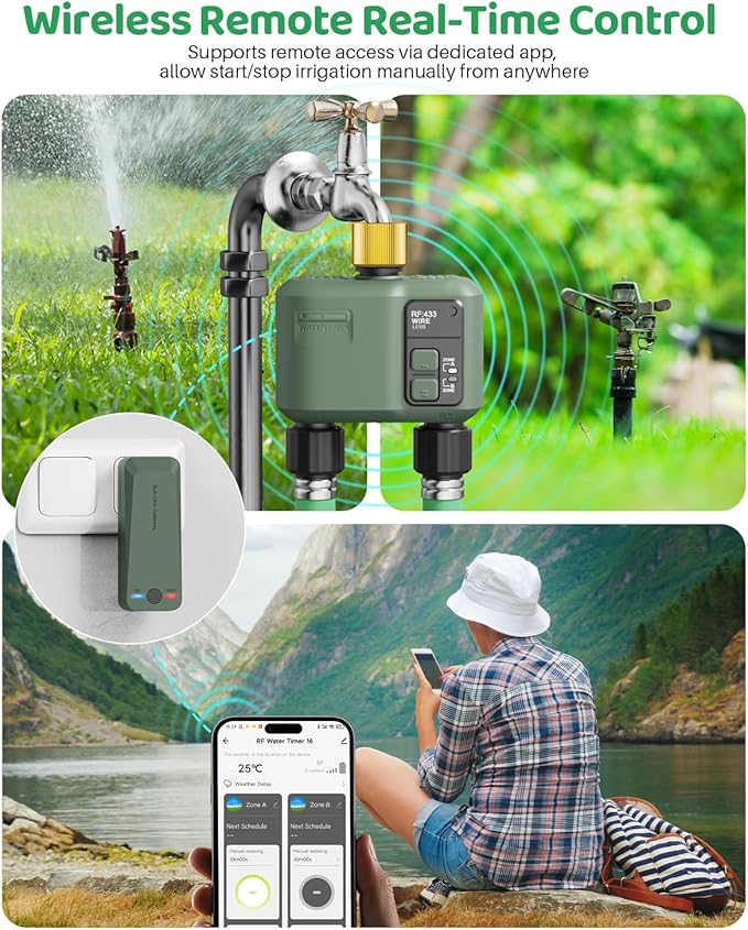 WiFi Water Timer 2 Zone for Garden Hose, Smart Sprinkler Timer with 984ft RF Range, Brass Water Inlet, APP/Voice Control, Rain Delay, Automatic/Manual Irrigation