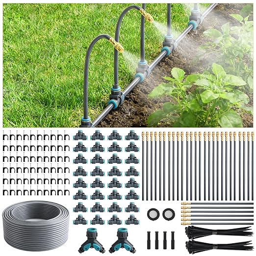 196FT 1/4" Quick-Connect Drip Irrigation System Kit, Automatic Garden Watering System with 32 Pcs Adjustable Spray Nozzles for Garden, Greenhouse, Yard, Lawn