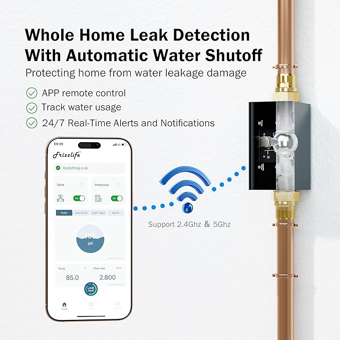 Frizzlife LP365 Smart Water Monitor and Automatic Shutoff - 0.01GPM Ultrasonic Micro Leak Detection, APP Wi-Fi Remote Control, Real-Time Flow/Temp Monitoring, 24/7 Water Usage Reports, 1.25" and 1"