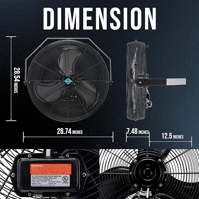 Tornado 24 Inch Outdoor Wall Mount Fan, 3-Speed High Velocity Metal Wall Fan – IPX4 Water-Resistant, 7700 CFM, UL Safety Listed, Ideal for Commercial, Industrial and Residential, Black
