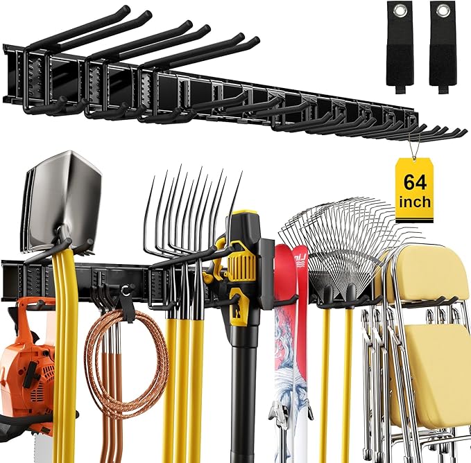 64" Garage Wall Organizer – 12 Longer & Thicker Hooks + 2 Straps, 900 Lbs Heavy Duty Steel Garden Tool Storage Rack & Garage Organization for Yard, Shed, Garage