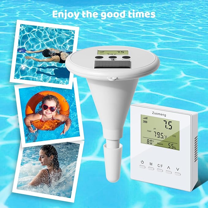 Wireless Pool Monitor, Solar Pool Water Tester with Dual Displays & High-Precision Electrode for Real-Time Detection of Water Temp pH EC TDS for All Swimming Pools, Spas, and Hot Tubs