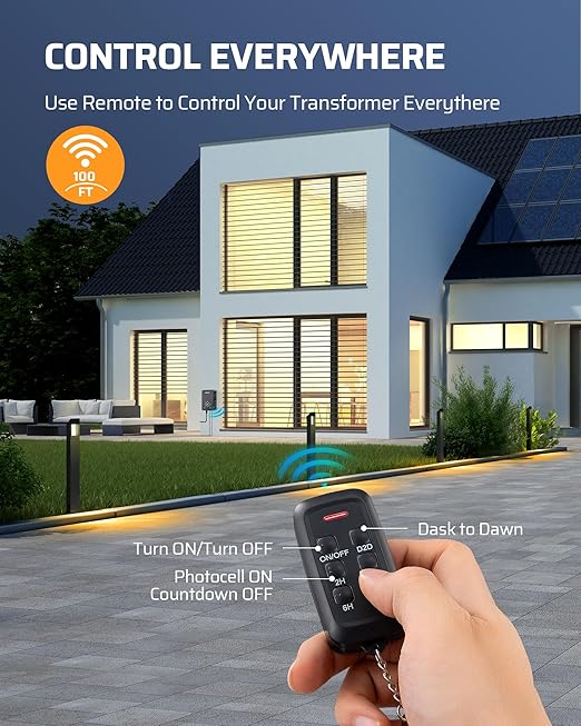 DEWENWILS 60W Low Voltage Landscape Transformer with Remote Control, 120V AC to 12V DC, Dusk to Dawn & Timer, Outdoor Low Voltage Transformer for Spotlight, Garden Light, Pathway Light