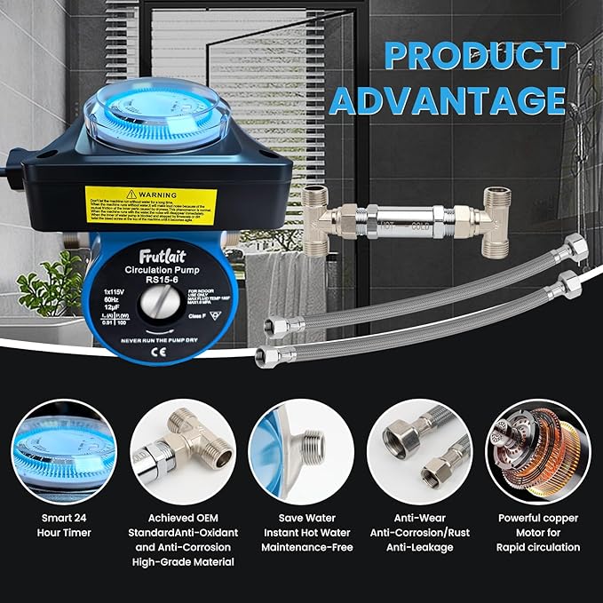Hot Water Recirculating Pump with Programmable Timer, 304SS Sensor Valve, Instant Hot Water, Quiet Energy-Efficient Circulation System, Includes Pump, 2 Adapters, 2 Supply Lines, Easy DIY Install