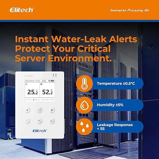 Elitech WiFi Temperature and Humidity Data Logger, 2.4GHz/5GHz Real-time Monitor with Water Leak Detector, Cloud Storage, App and Email Alerts, Includes 10M Patch Cord, RCW-800W-WI, -40°F to 176°F
