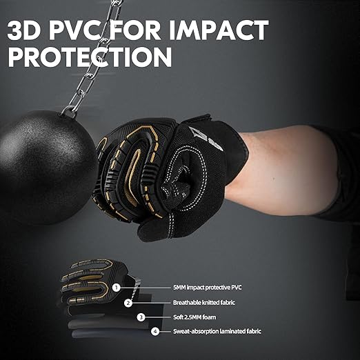 Vgo... 1-Pair Heavy Duty Synthetic Leather Work Gloves, Impact Protection Mechanic Gloves, Rigger Gloves, Vibration Reduction, Touchscreen Capable (Size L, Black, SL8849)