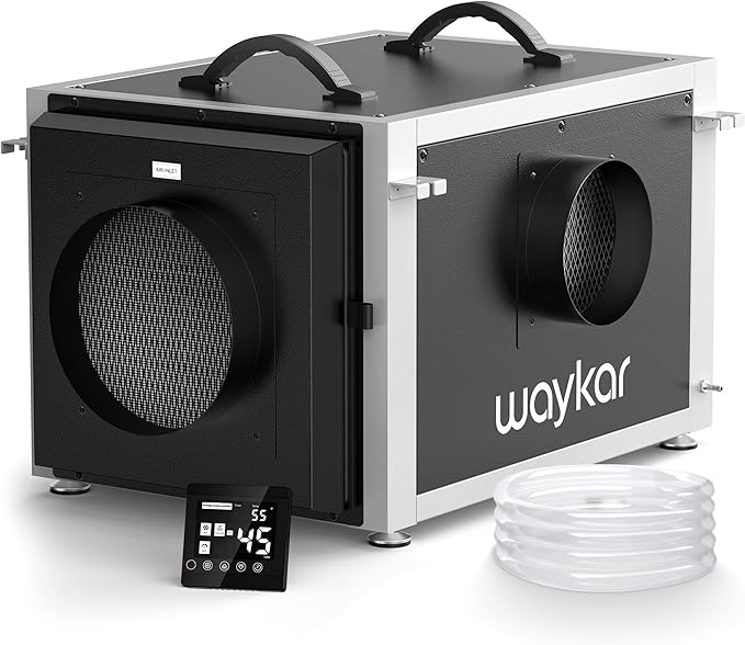 Waykar 158 Pints Crawl Space Dehumidifier with Remote Control and Pump, Dual Duct HVAC Commercial Whole-House Dehumidifier for Basement, Industry Water Damage Unit - 5-Year Quality Coverage