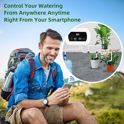 Smart WiFi Watering System BT APP Control Automatic Plant Waterer for 10 Potted Plants 400ml min IP65 Rated Timing Adjustment Programmable Drip Irrigation Kit with LED Display