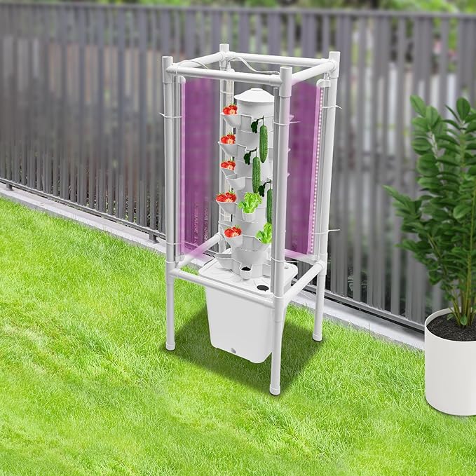 Hydroponic Growing Kit, 6 Layer 30 Planting Point Hydroponic Grow Tower with 4 LED Lamps, Vertical Tower Planter Germination Kit, Hydroponics Growing System for Garden, Office, Balcony (White)