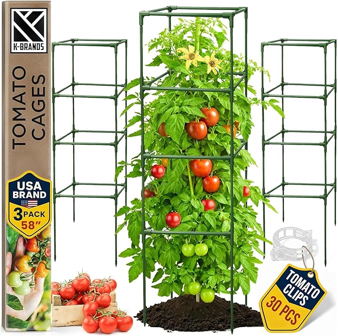 Tomato Cage Square - Large Trellis Stakes and Plant Support Structures for Vegetables and Climbing Plants - Tall Tomato Cages for Garden, Pots, Raised Garden Bed Outdoor Supplies (3 Pack - Up to 58")