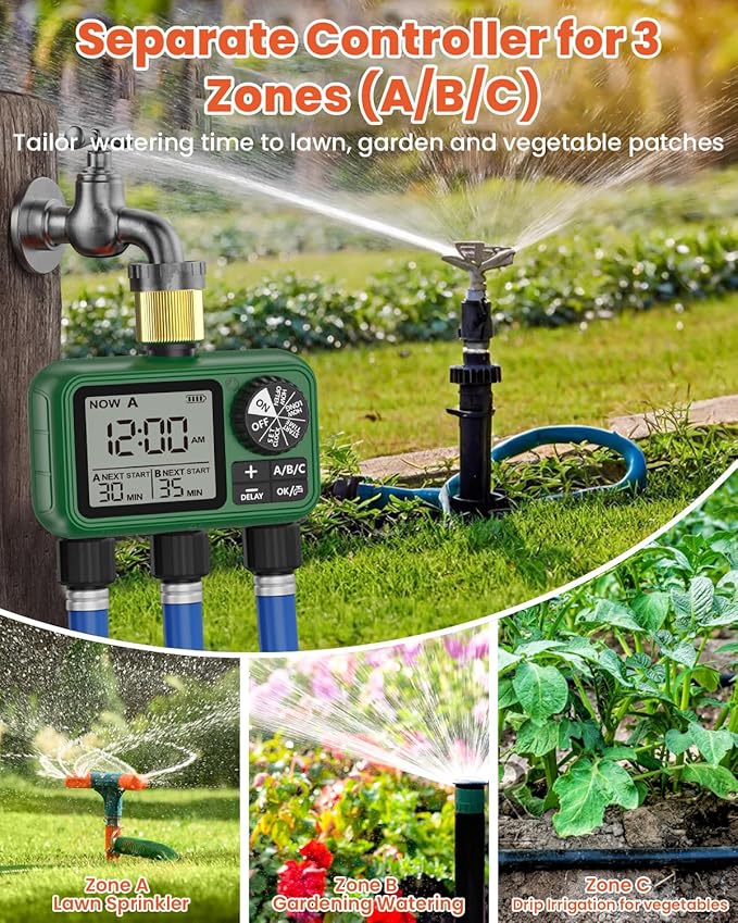 3 Zones Brass Inlet & Outlet Water Timer for Outdoor Garden Hose, Sprinkler Timer for Garden Faucet with Auto/Manual/Rain Delay Mode, Sprinkler Irrigation Controller for Yard Lawn