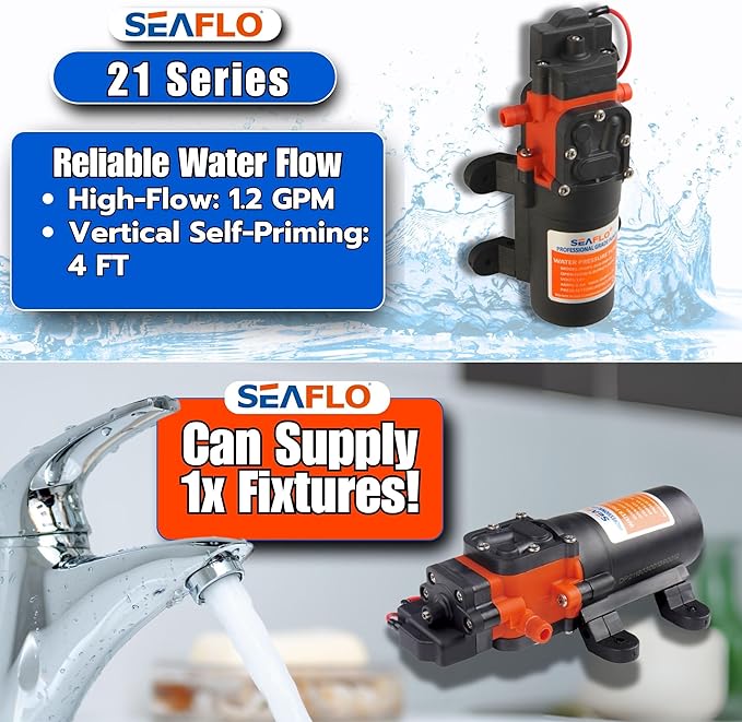 SEAFLO 21-Series Water Pressure Diaphragm Pump - 12V DC, 1.2 GPM, 35 PSI with Adjustable Pressure Switch, Self-Priming, Quiet Operation for RV, Boat, and Off-Grid Applications