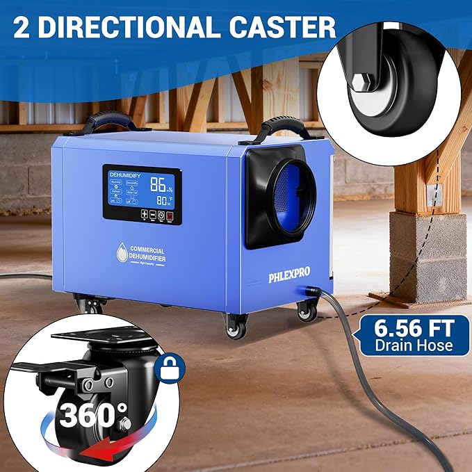 145 Pint Commercial Dehumidifier with Drain Hose for Crawl Spaces, Basements, Industry Water Damage Unit Restoration for up to 6000 Sq.Ft, Auto Defrost, Memory Starting, Blue(Gift Directional Wheels)
