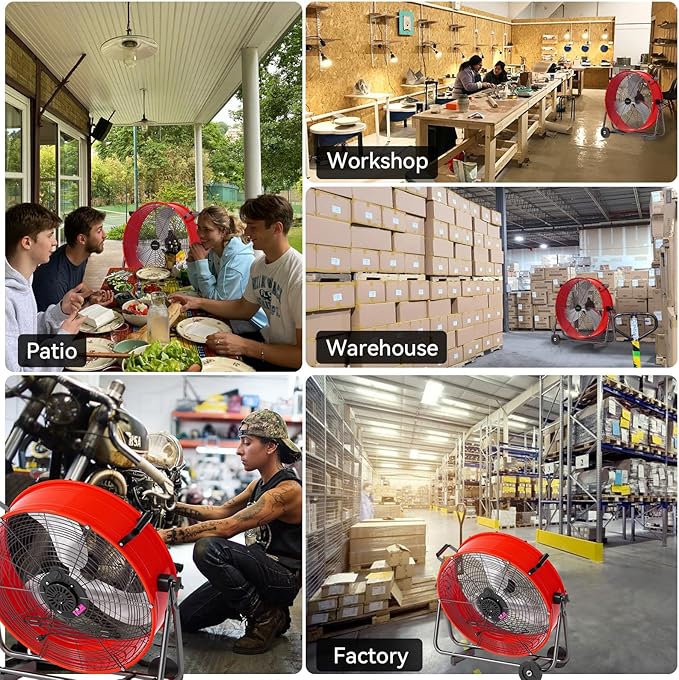 24 Inch Industrial Drum Fan 8800 CFM High Velocity Floor Fan for Garage, Warehouse & Workshop - 3-Speed Heavy Duty Metal Fan with 360° Tilt, Wheels & UL Safety Listed