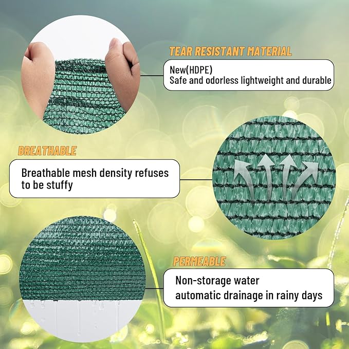 Cool Area 70% 6.5x10ft Sunblock Shade Cloth Cover Mesh UV Resistant Net for Garden Flower Plant Greenhouse, Dark Green