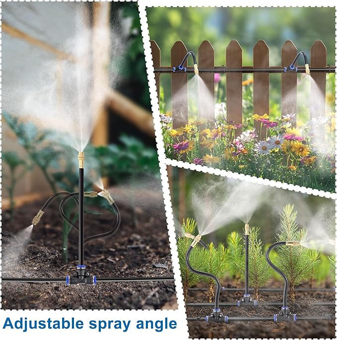 Mornajina Automatic Drip Irrigation Kits Garden Irrigation System, Includes Calcium Inhibitor Filter & 50FT 5/16 inch Irrigation Tubing Hose & 15Pcs 360° Bending Dropper Atomizing Mist Nozzles Tee